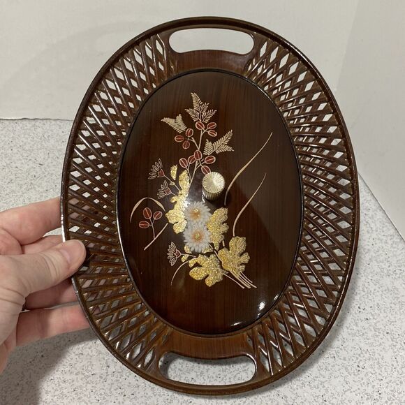 Vintage Asian Faux Wood Lacquer Lattice covered candy dish mid century floral - Picture 9 of 10